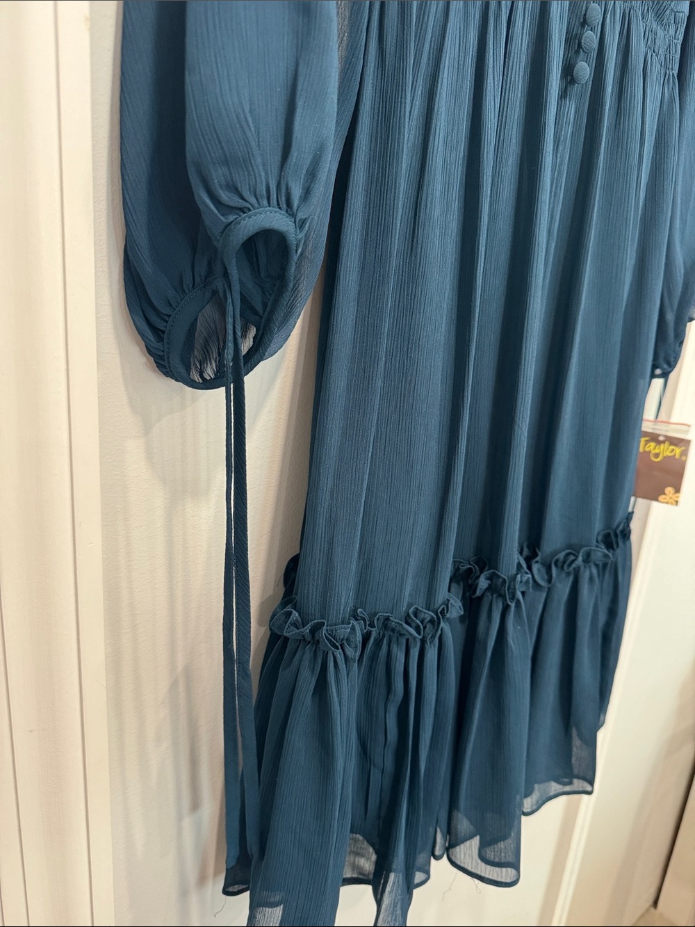 Taylor Deep Teal Long-Sleeve V-Neck Ruffle Hem Dress - Picture 2 of 8